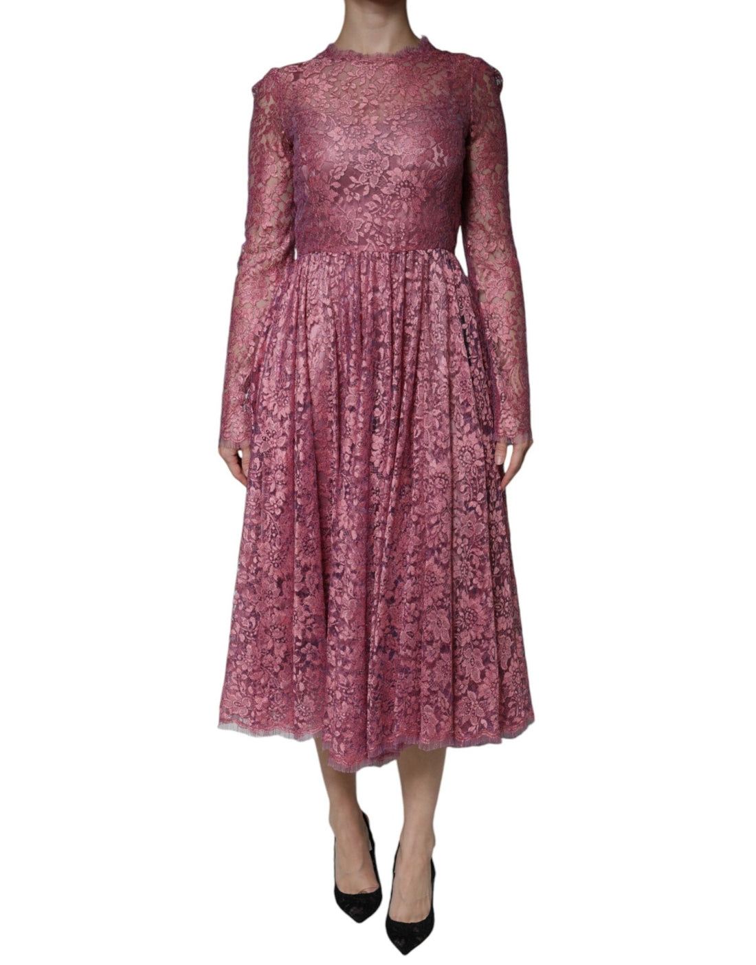 Dolce & Gabbana Pink Floral Lace Long Sleeve Midi Dress - RIMODA