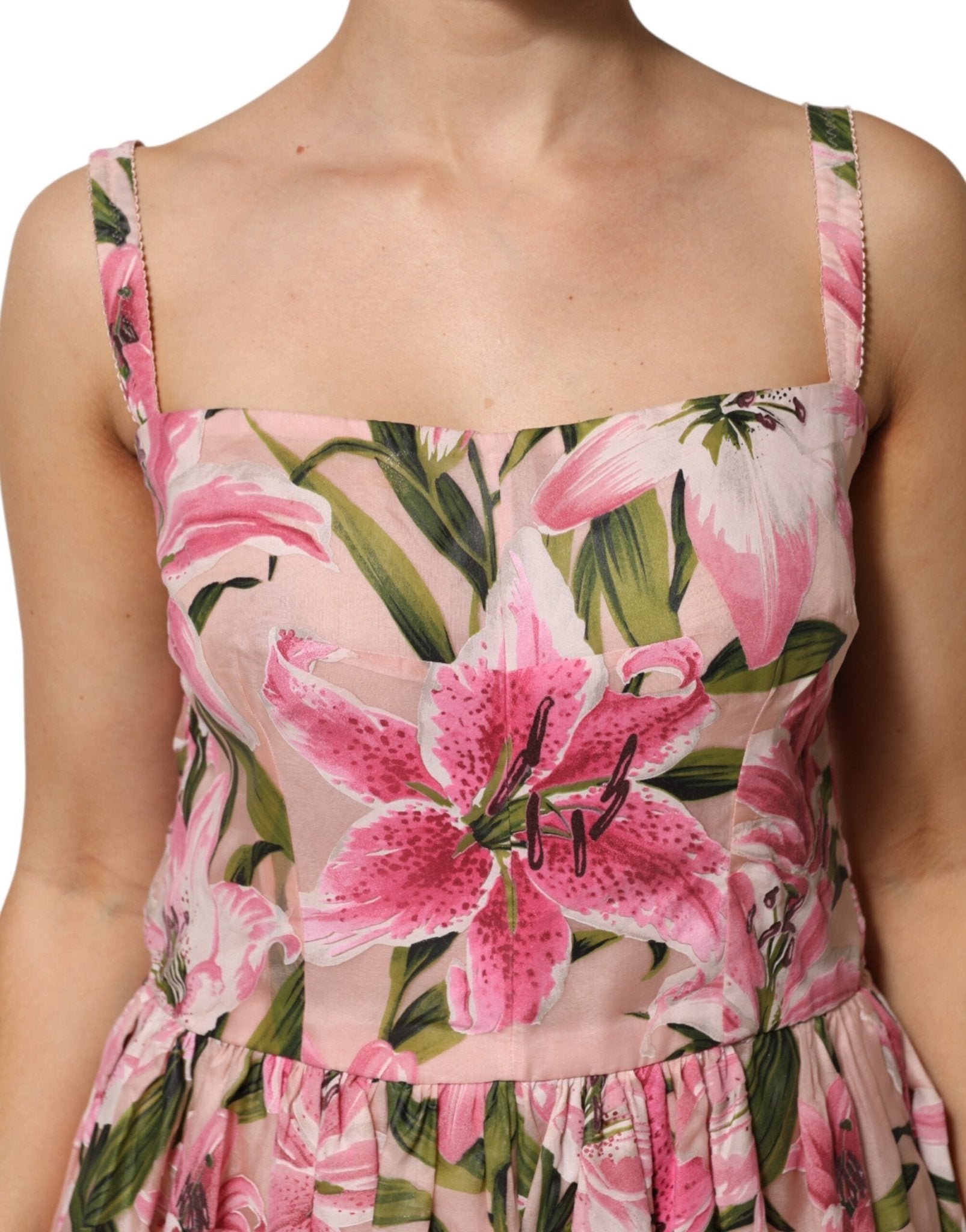 Dolce & Gabbana Pink Floral Lily Print Midi Sleeveless Dress - RIMODA