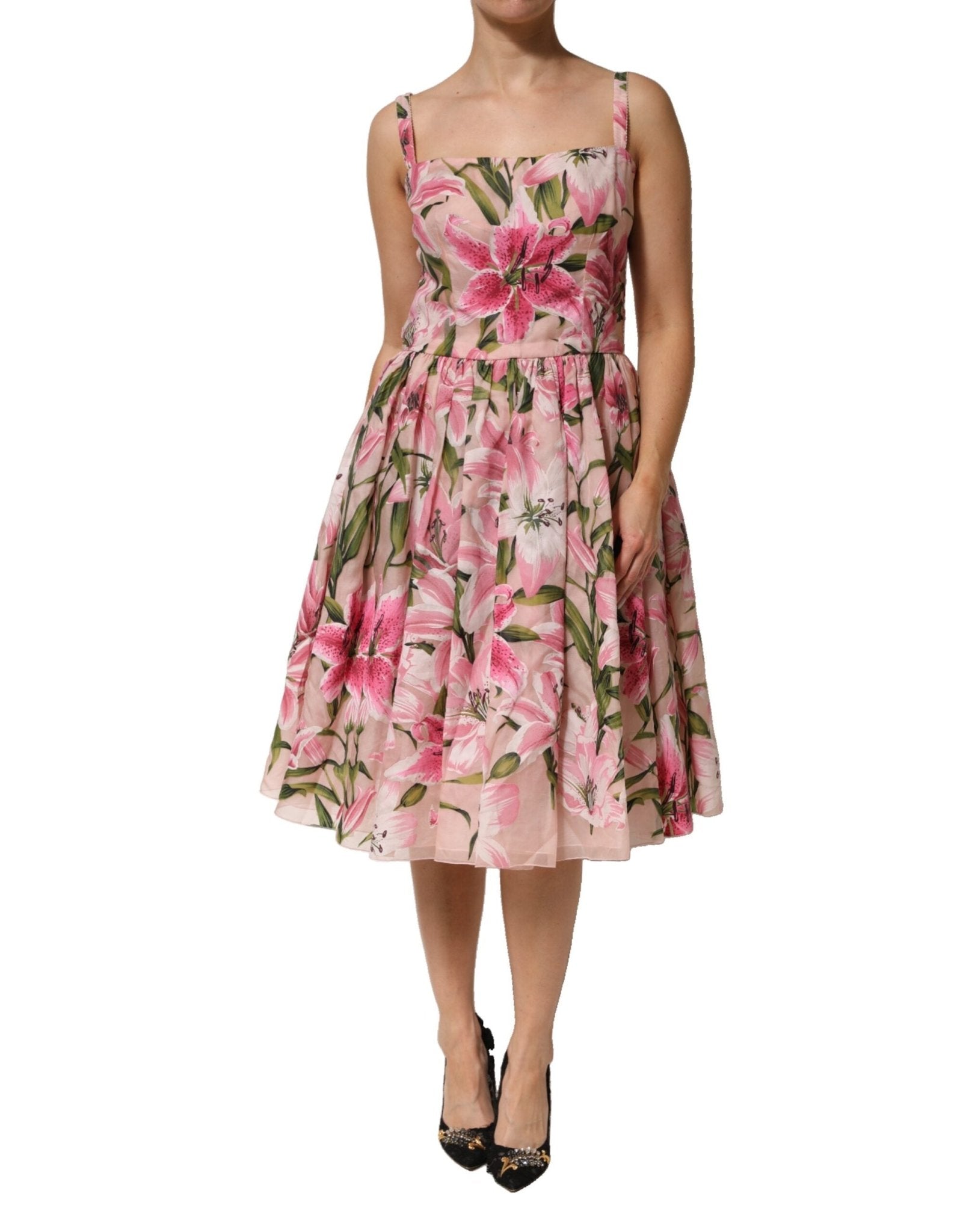 Dolce & Gabbana Pink Floral Lily Print Midi Sleeveless Dress - RIMODA