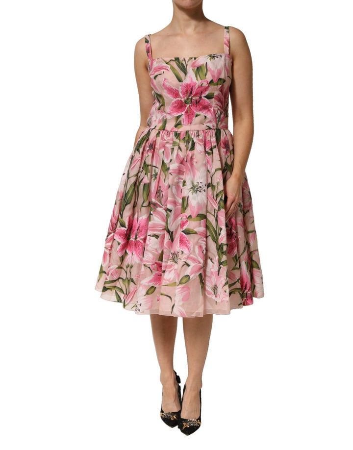 Dolce & Gabbana Pink Floral Lily Print Midi Sleeveless Dress - RIMODA