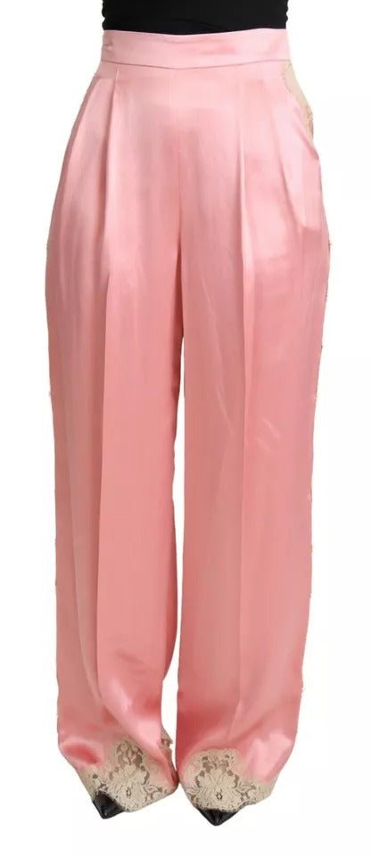 Dolce & Gabbana Pink Lace Trimmed Silk Satin Wide Legs Pants - RIMODA