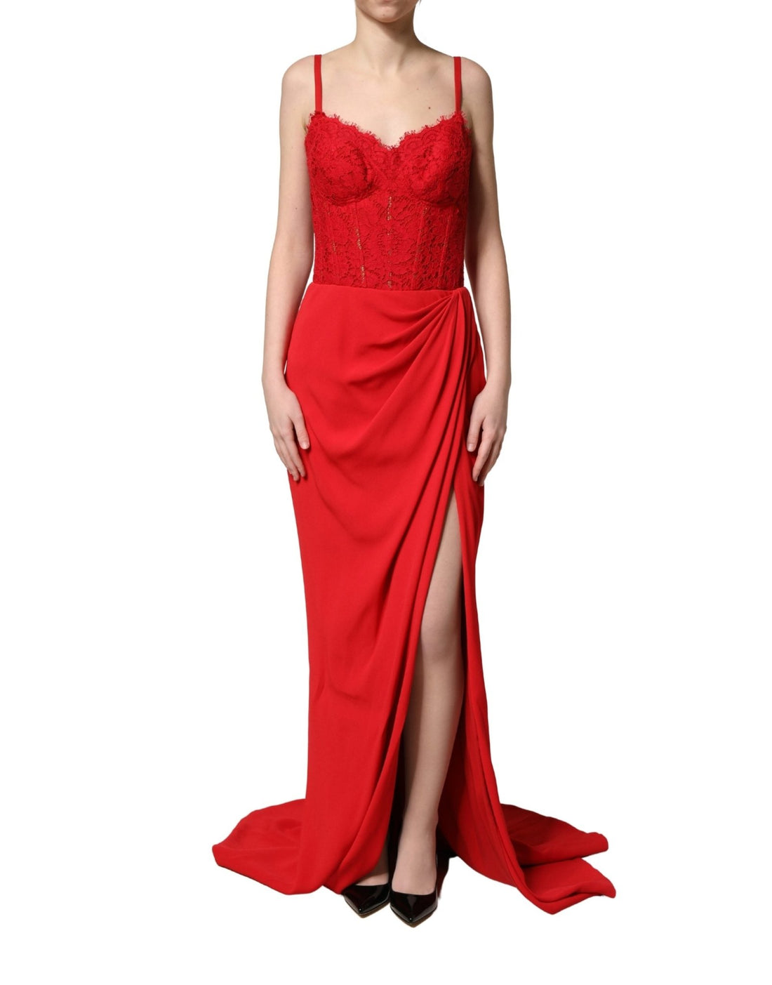 Dolce & Gabbana Red Corset Lace Bodice Draped Long Gown Dress - RIMODA