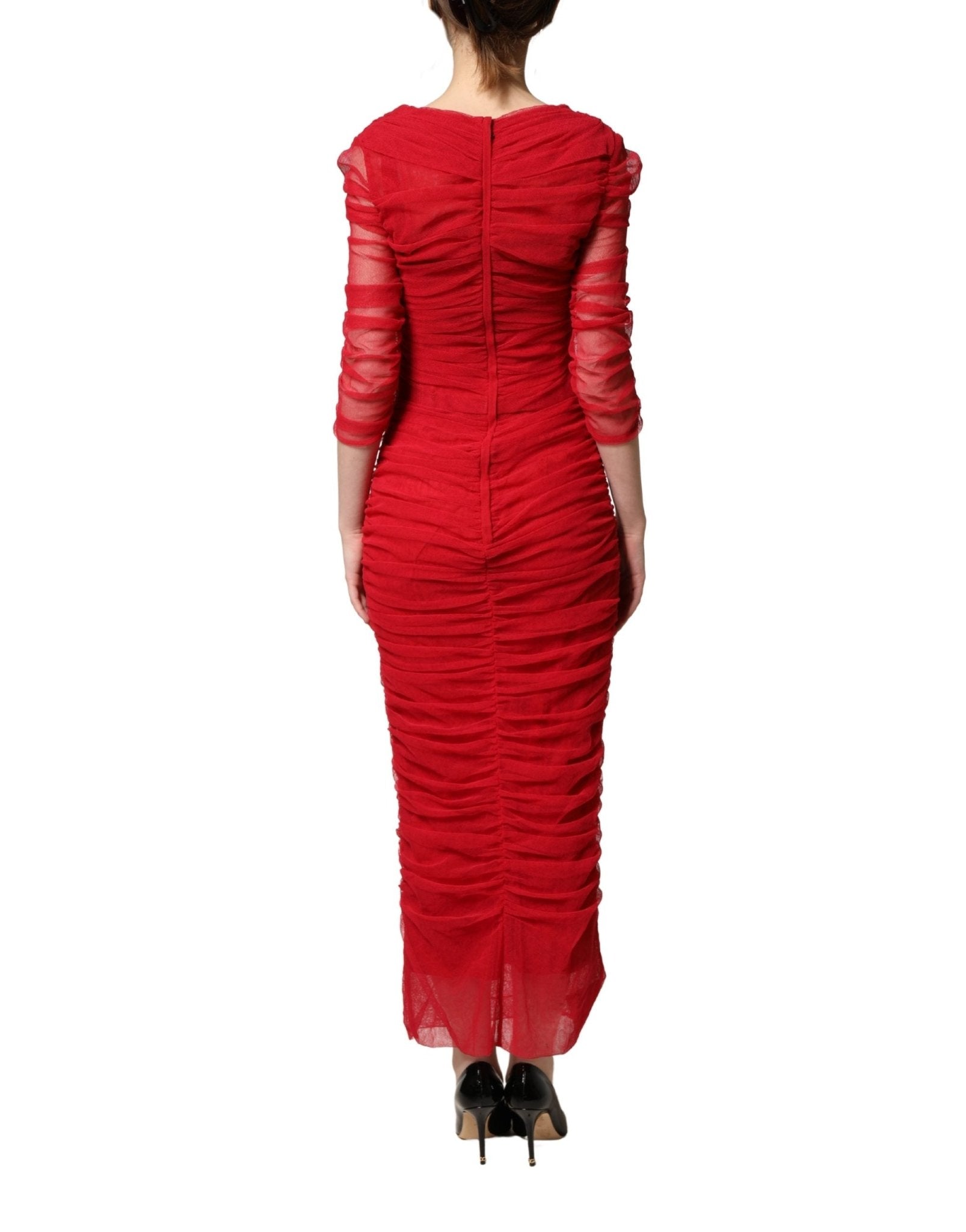 Dolce & Gabbana Red Cotton Ruched Stretch Tulle Midi Dress - RIMODA