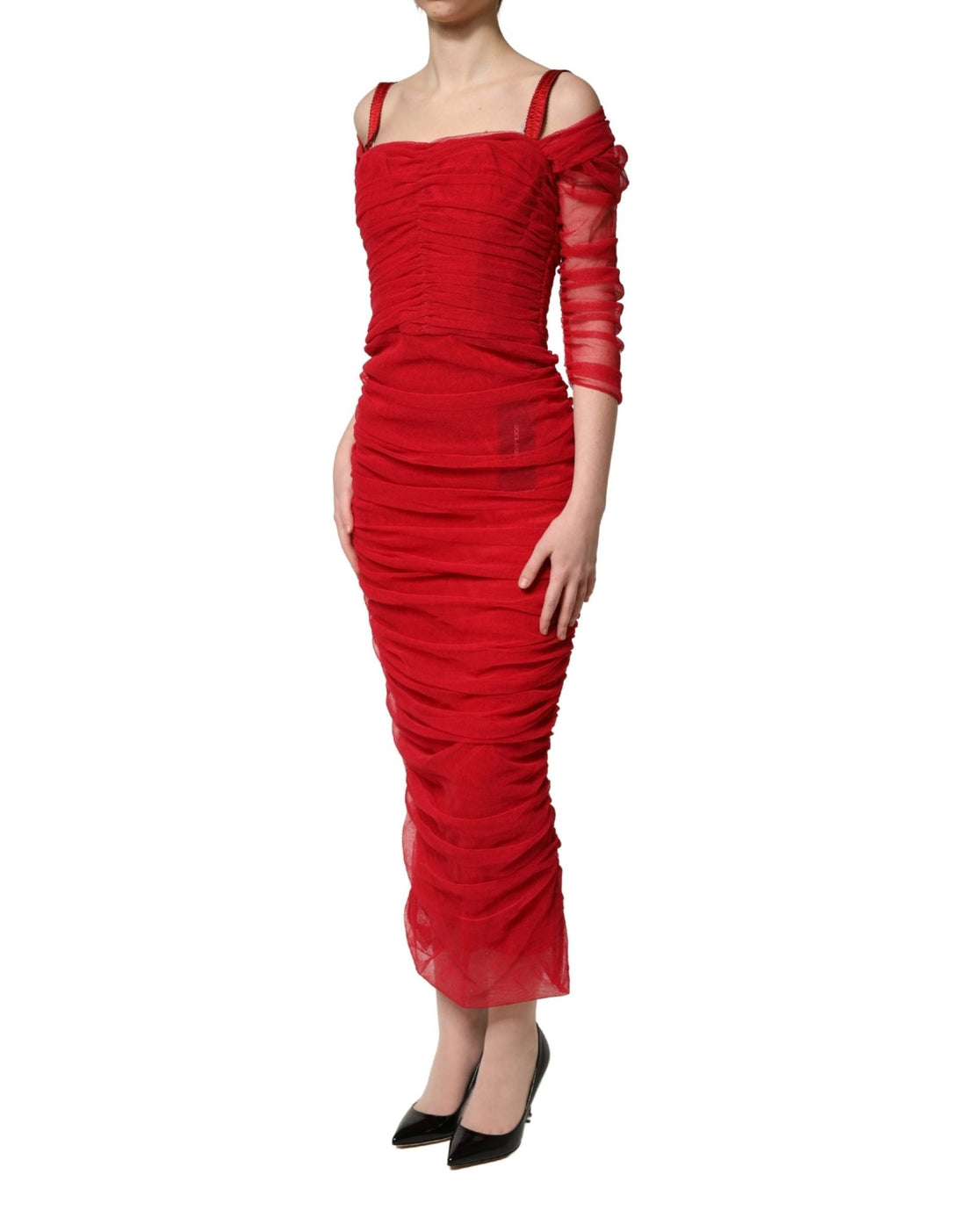 Dolce & Gabbana Red Cotton Ruched Stretch Tulle Midi Dress - RIMODA