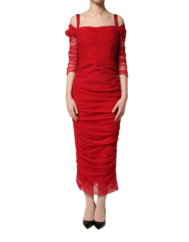 Dolce & Gabbana Red Cotton Ruched Stretch Tulle Midi Dress - RIMODA