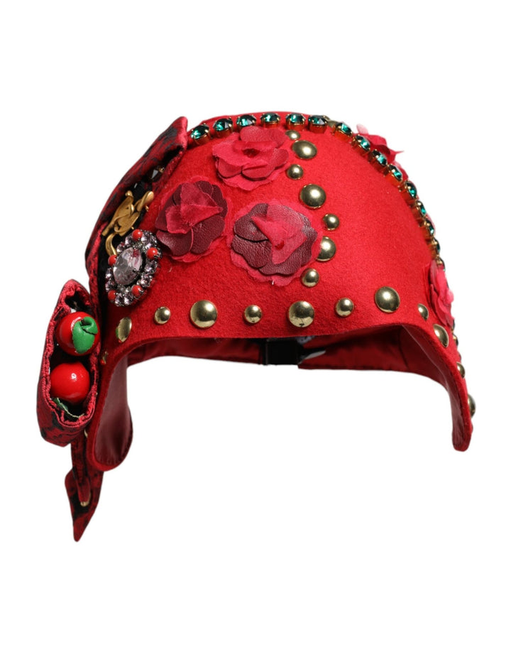 Dolce & Gabbana Red Crystal Gold Roses Brooch Embellished Hat - RIMODA