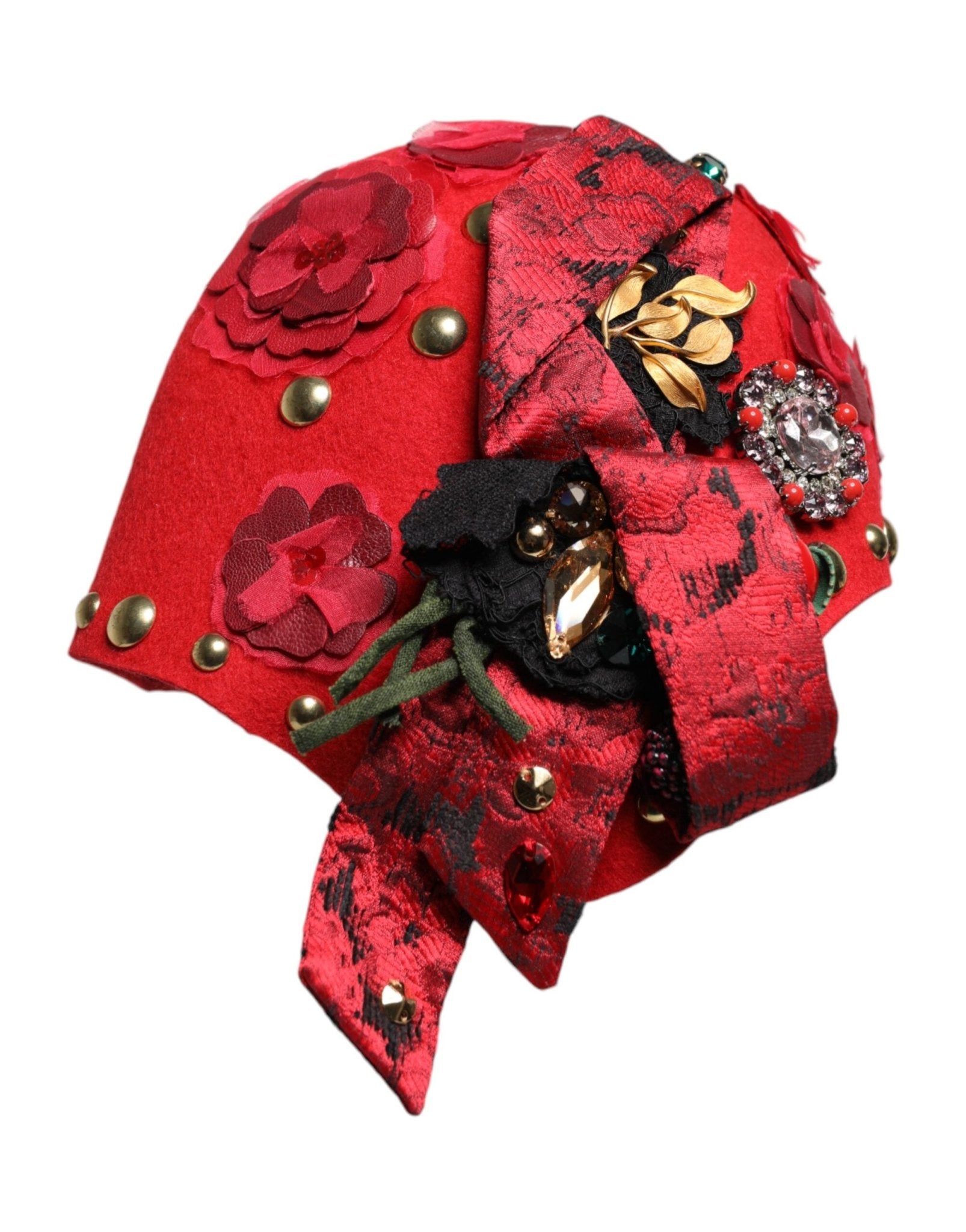 Dolce & Gabbana Red Crystal Gold Roses Brooch Embellished Hat - RIMODA