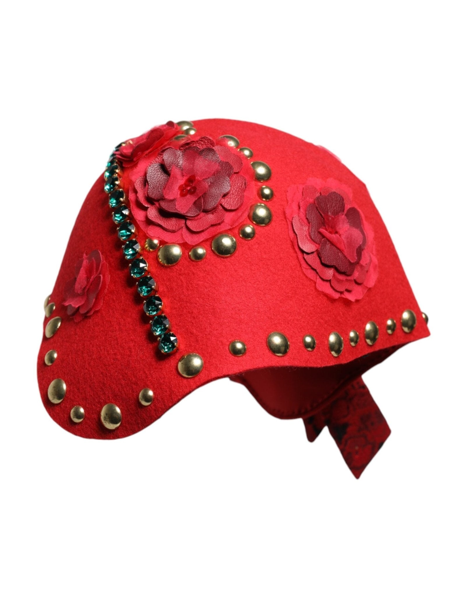 Dolce & Gabbana Red Crystal Gold Roses Brooch Embellished Hat - RIMODA