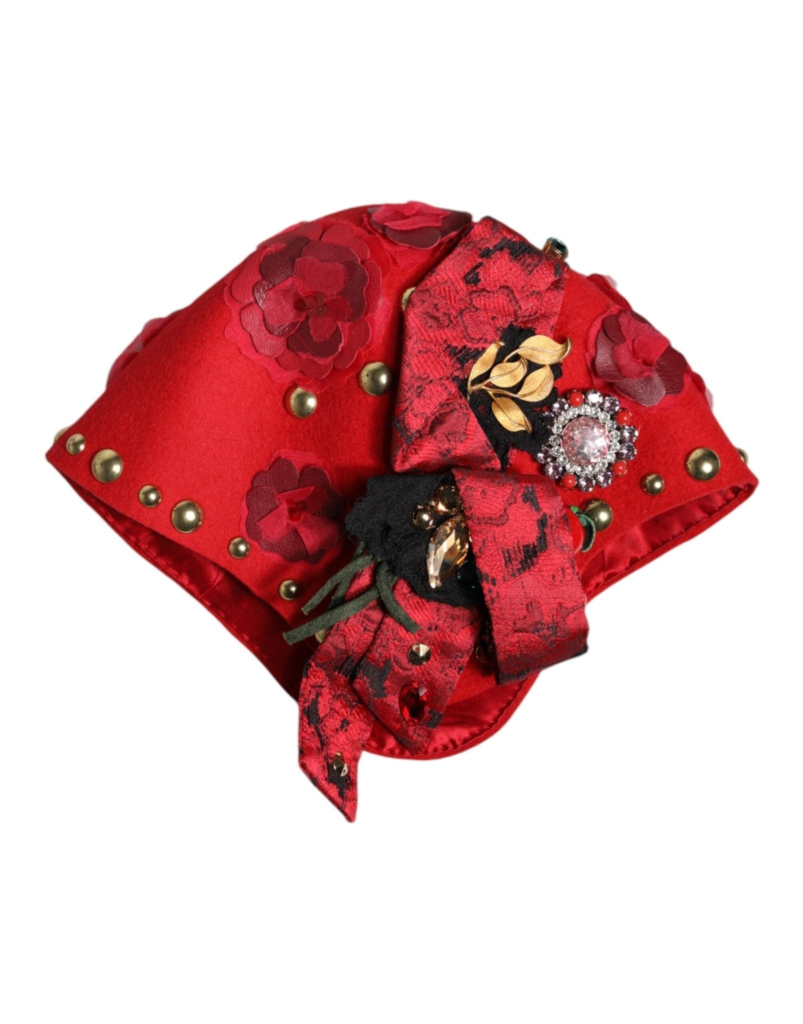Dolce & Gabbana Red Crystal Gold Roses Brooch Embellished Hat - RIMODA
