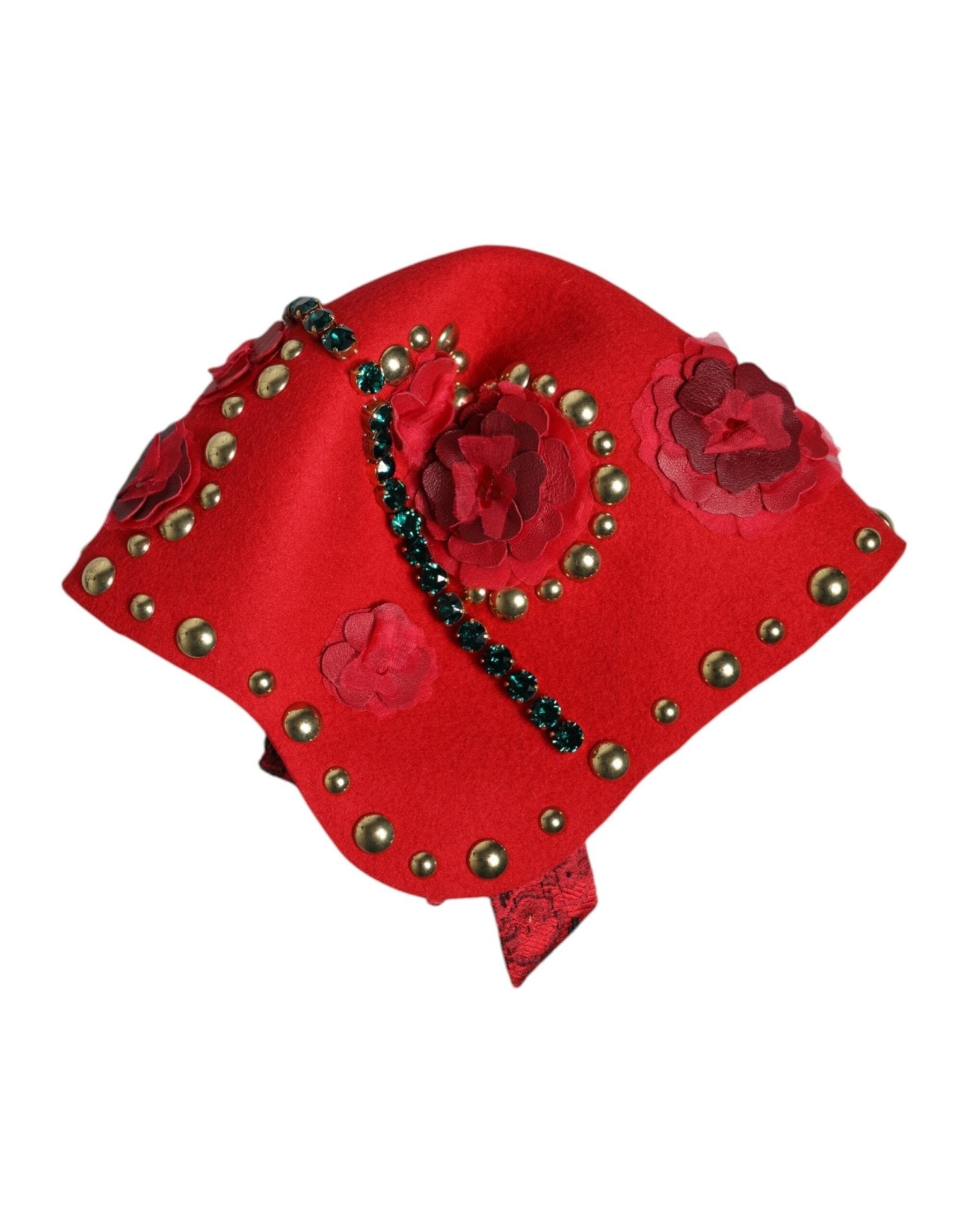 Dolce & Gabbana Red Crystal Gold Roses Brooch Embellished Hat - RIMODA