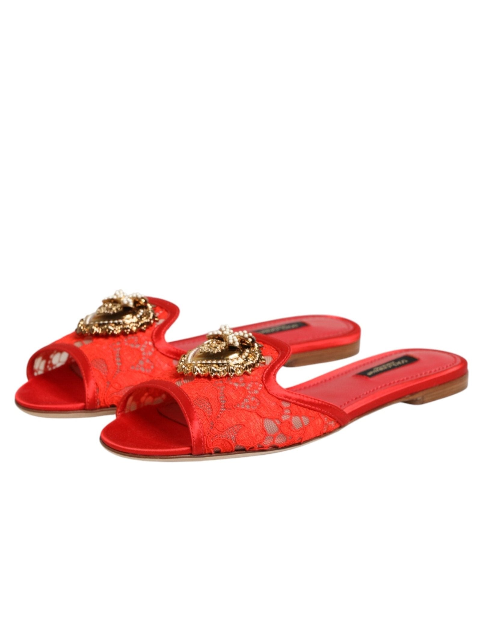 Dolce & Gabbana Red Devotion Lace Flats Slip On Sandals Shoes - RIMODA