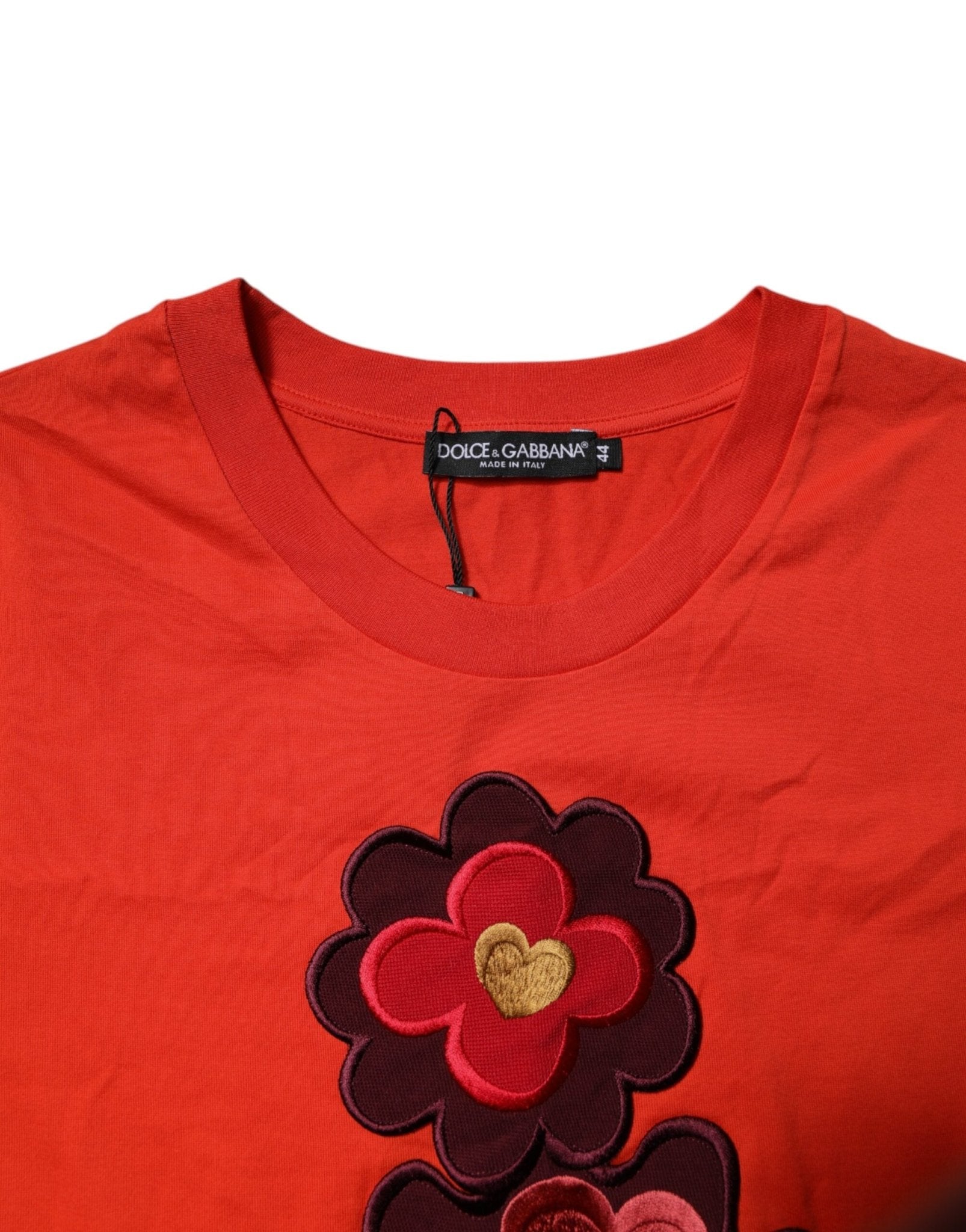 Dolce & Gabbana Red Floral Embroidery Cotton Crew Neck T-shirt - RIMODA