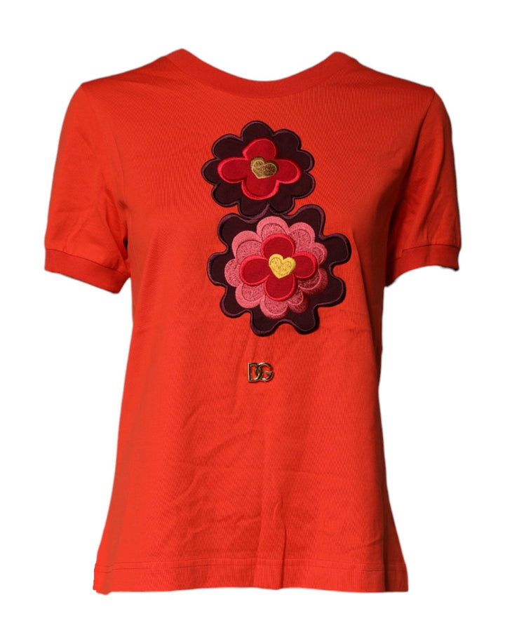 Dolce & Gabbana Red Floral Embroidery Cotton Crew Neck T-shirt - RIMODA