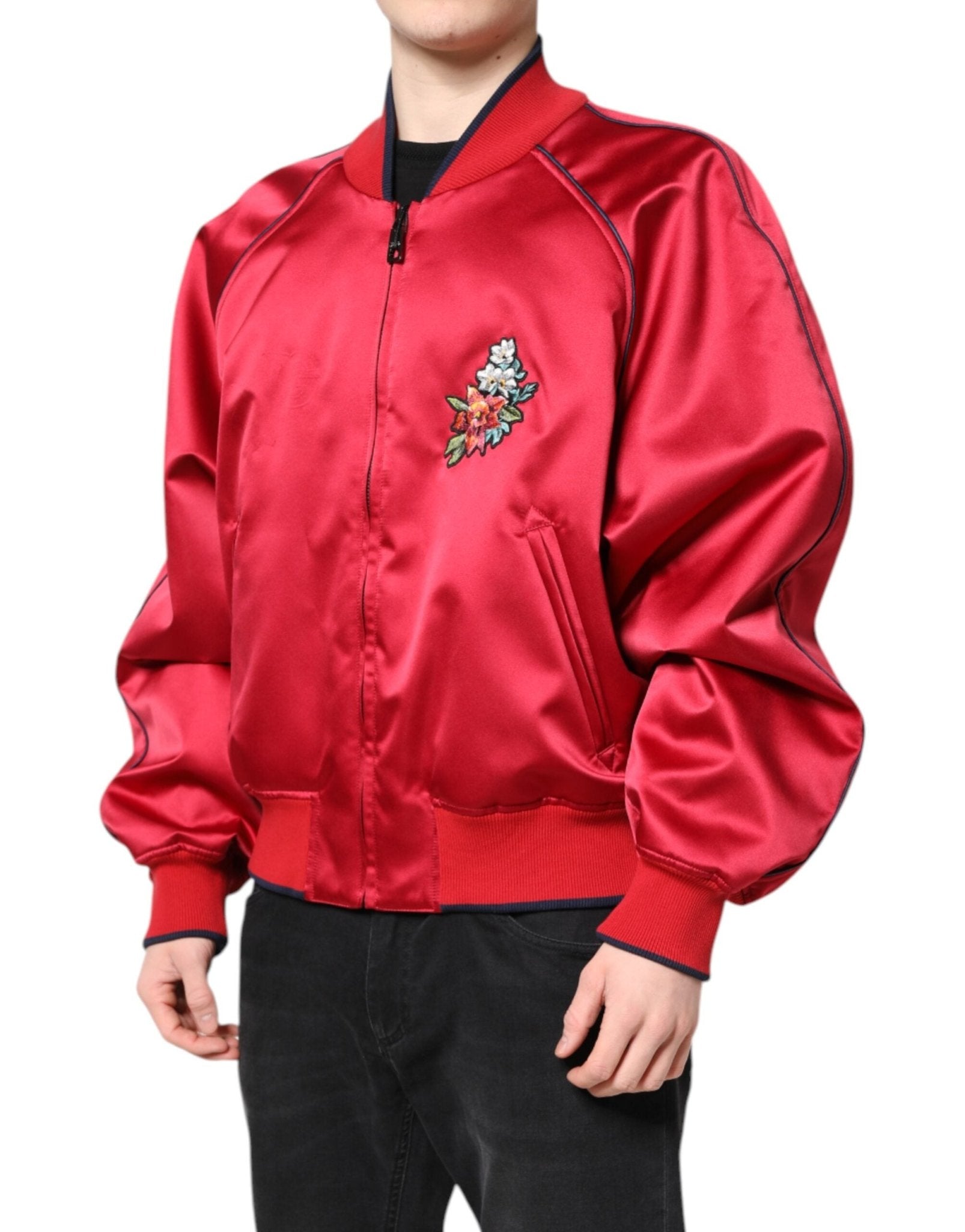 Dolce & Gabbana Red Floral Patch Full Zip Men Bomber Jacket - RIMODA