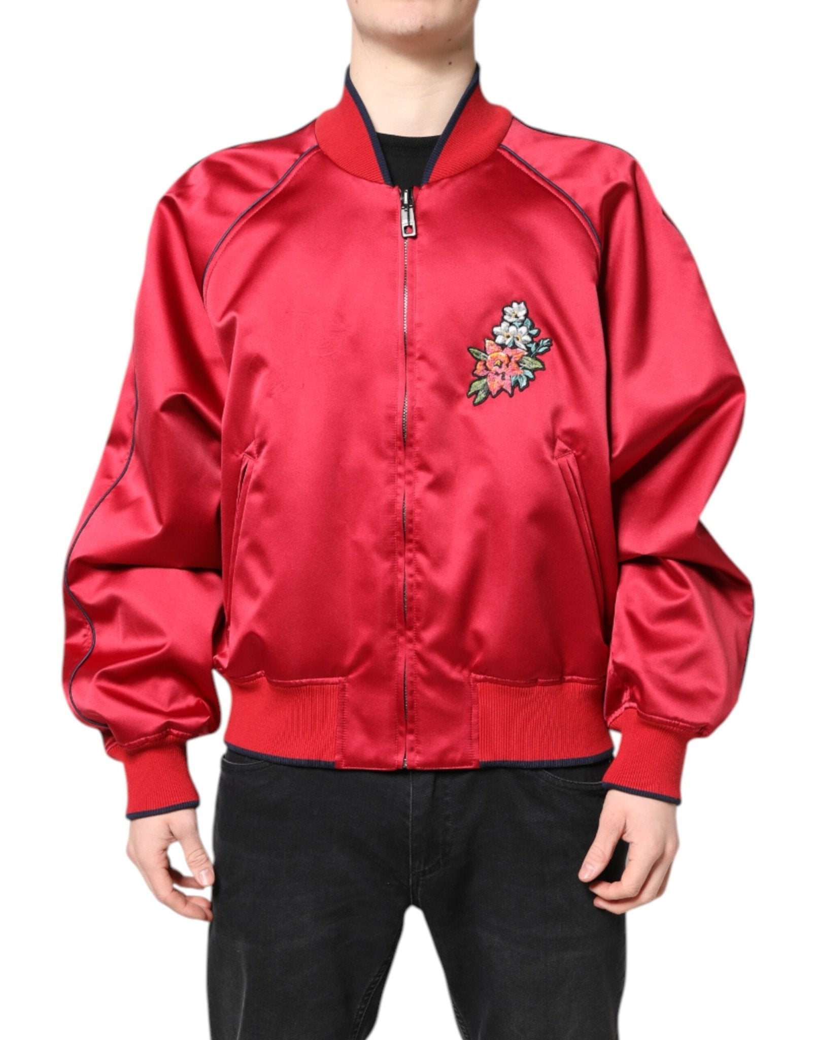 Dolce & Gabbana Red Floral Patch Full Zip Men Bomber Jacket - RIMODA