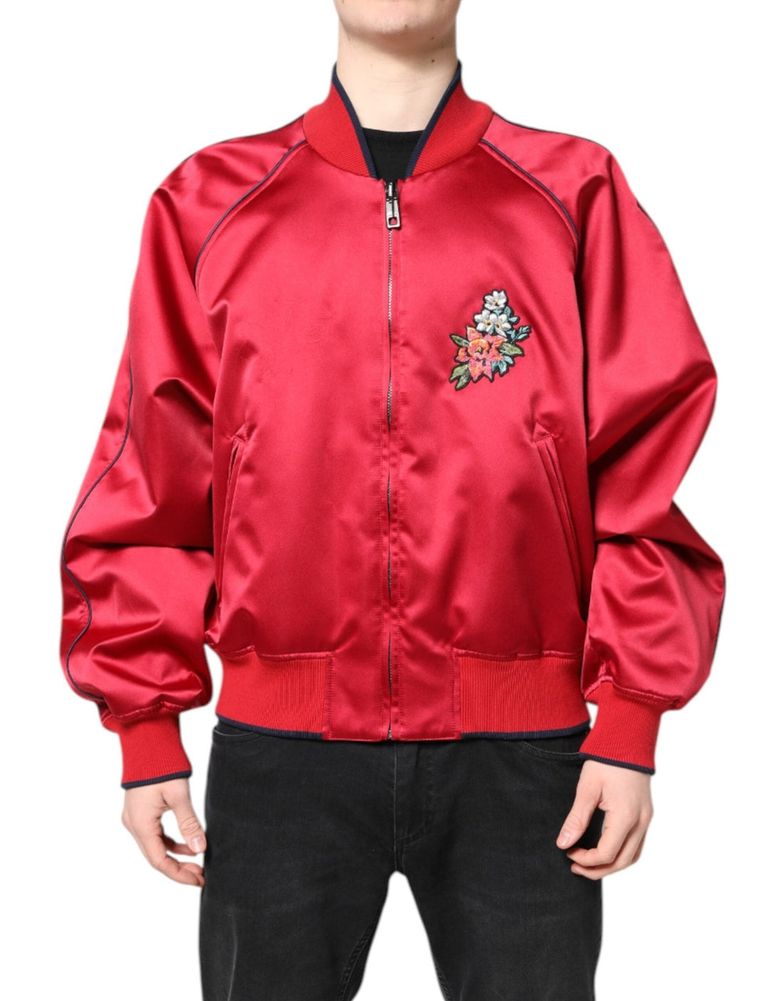 Dolce & Gabbana Red Floral Patch Full Zip Men Bomber Jacket - RIMODA