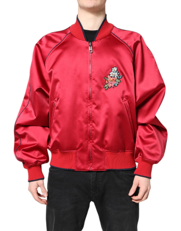 Dolce & Gabbana Red Floral Patch Full Zip Men Bomber Jacket - RIMODA