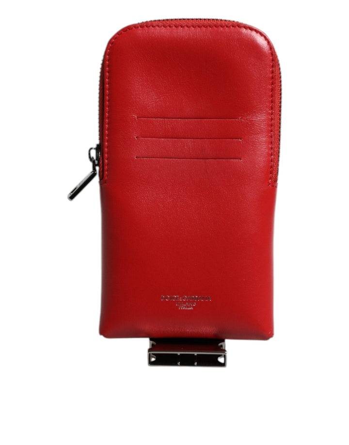 Dolce & Gabbana Red Leather Logo Zip Around Card Holder Wide Strap Wallet - RIMODA