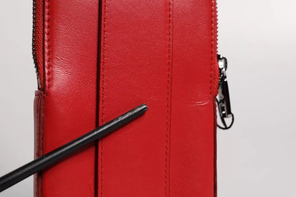 Dolce & Gabbana Red Leather Logo Zip Around Card Holder Wide Strap Wallet - RIMODA