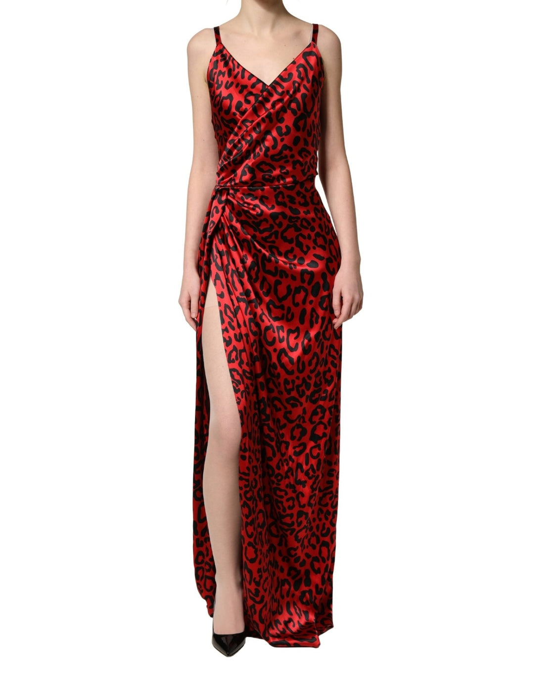 Dolce & Gabbana Red Leopard Print Silk Side Slit Maxi Dress - RIMODA
