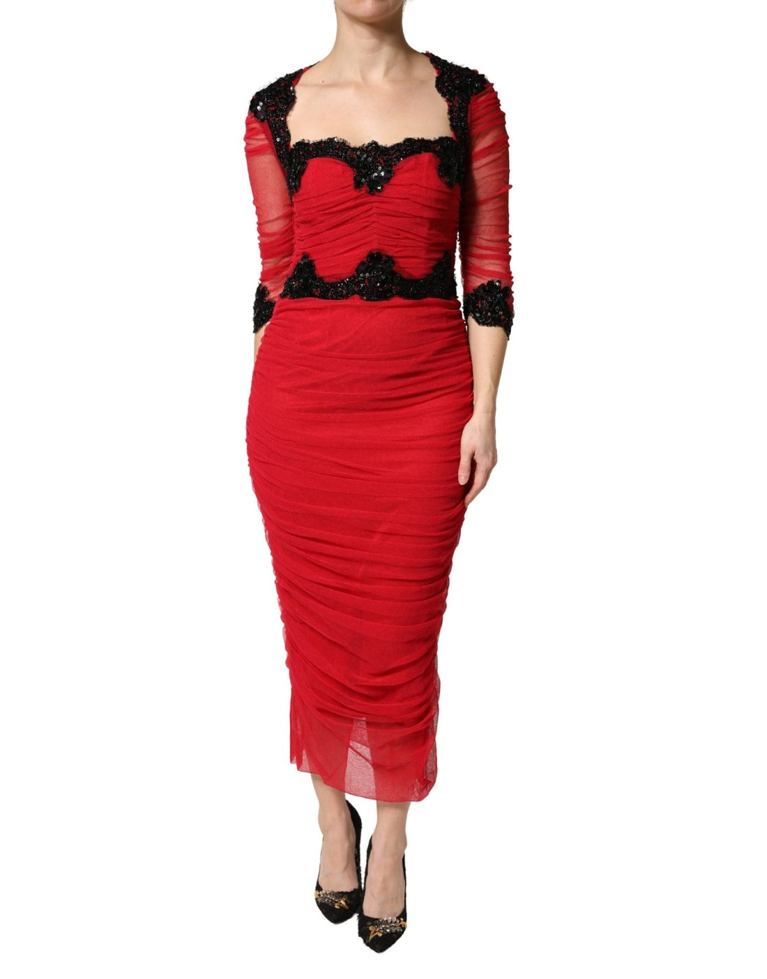 Dolce & Gabbana Red Mesh Trim Bodycon Sheath Midi Dress - RIMODA