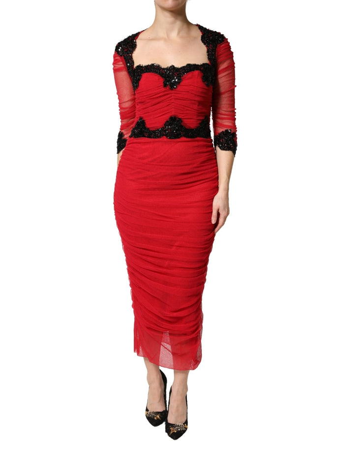 Dolce & Gabbana Red Mesh Trim Bodycon Sheath Midi Dress - RIMODA