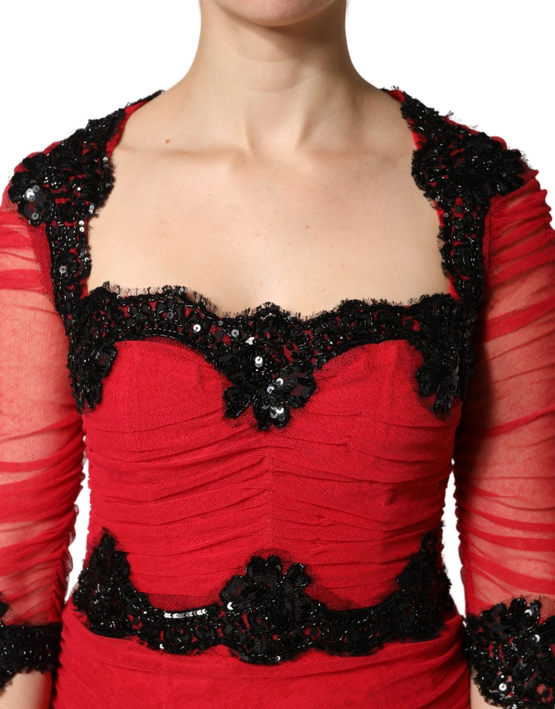 Dolce & Gabbana Red Mesh Trim Bodycon Sheath Midi Dress - RIMODA