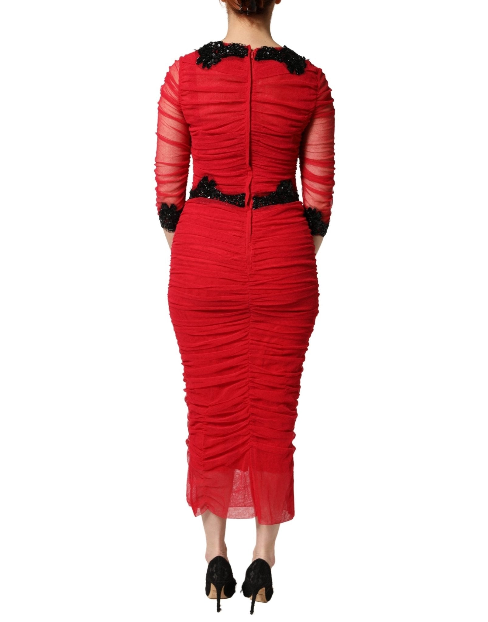 Dolce & Gabbana Red Mesh Trim Bodycon Sheath Midi Dress - RIMODA