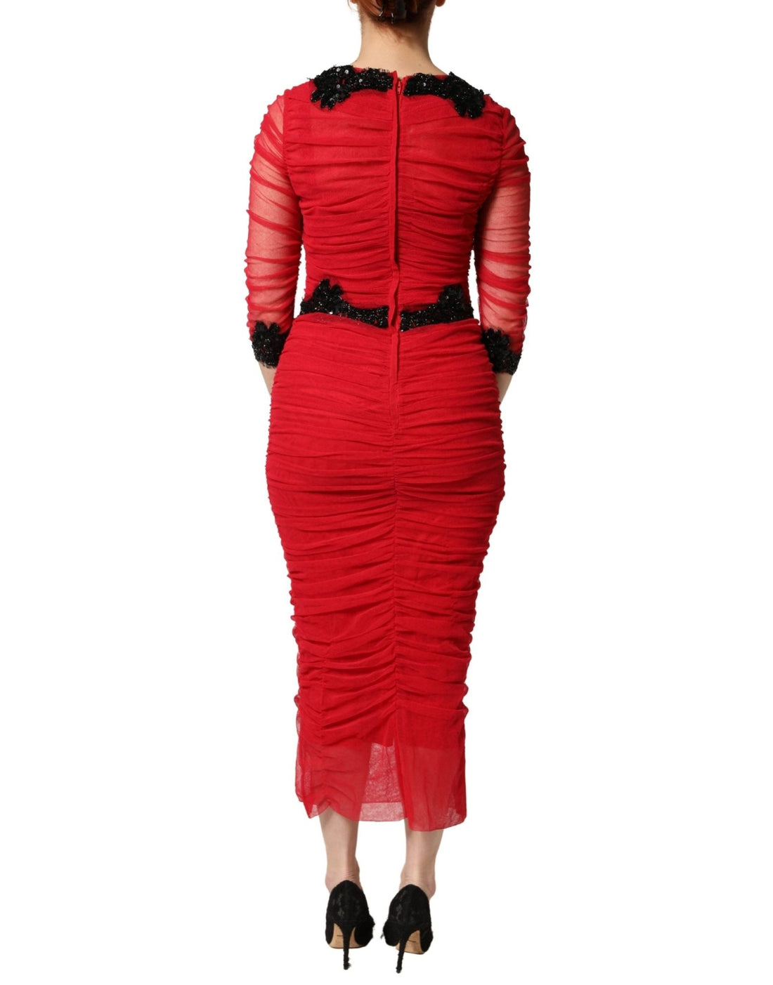 Dolce & Gabbana Red Mesh Trim Bodycon Sheath Midi Dress - RIMODA