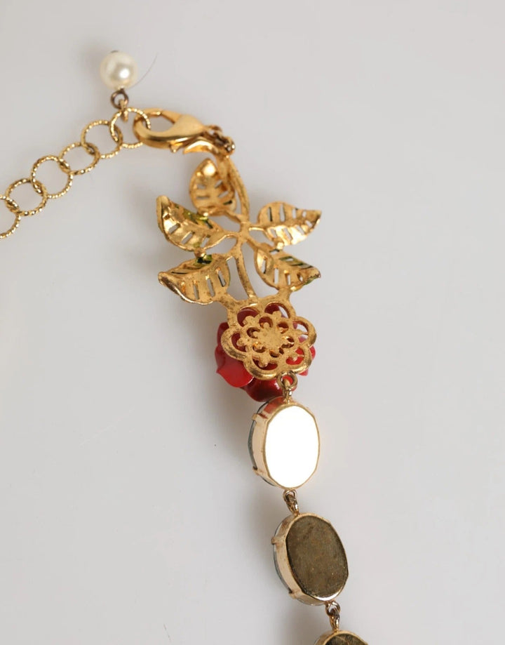 Dolce & Gabbana Red Rose Green Crystal Gold-Tone Chain Necklace - RIMODA