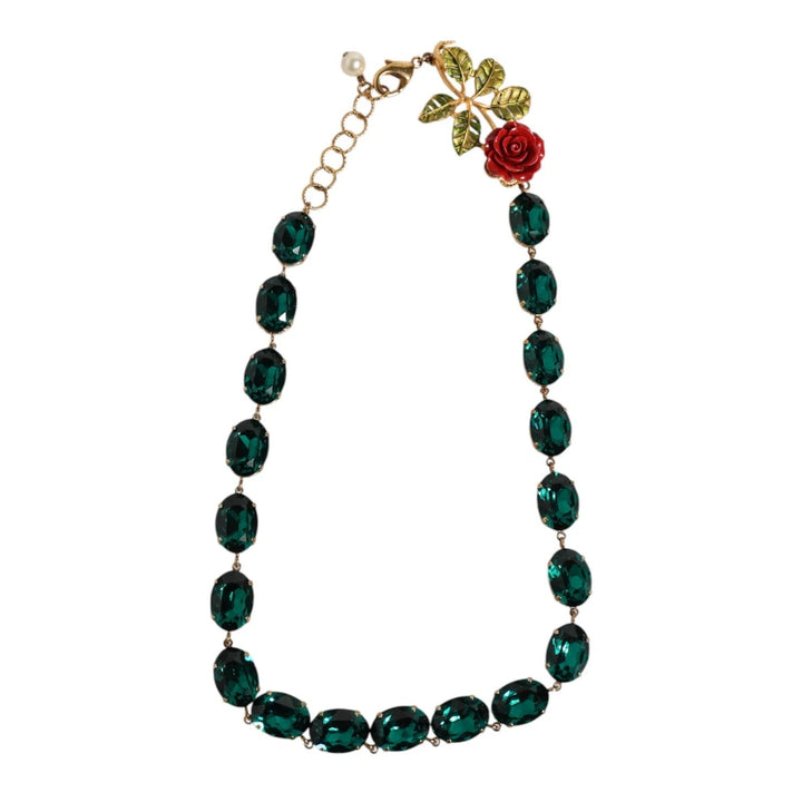 Dolce & Gabbana Red Rose Green Crystal Gold-Tone Chain Necklace - RIMODA