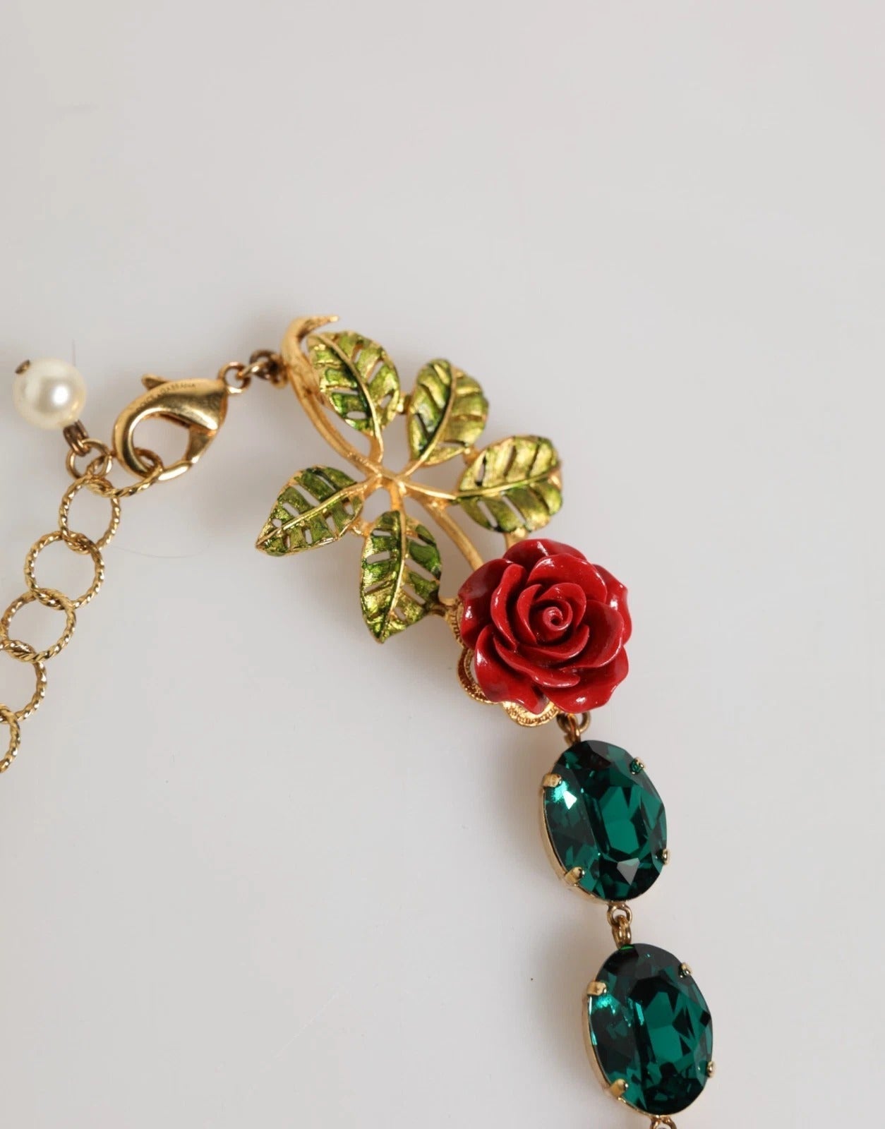 Dolce & Gabbana Red Rose Green Crystal Gold-Tone Chain Necklace - RIMODA