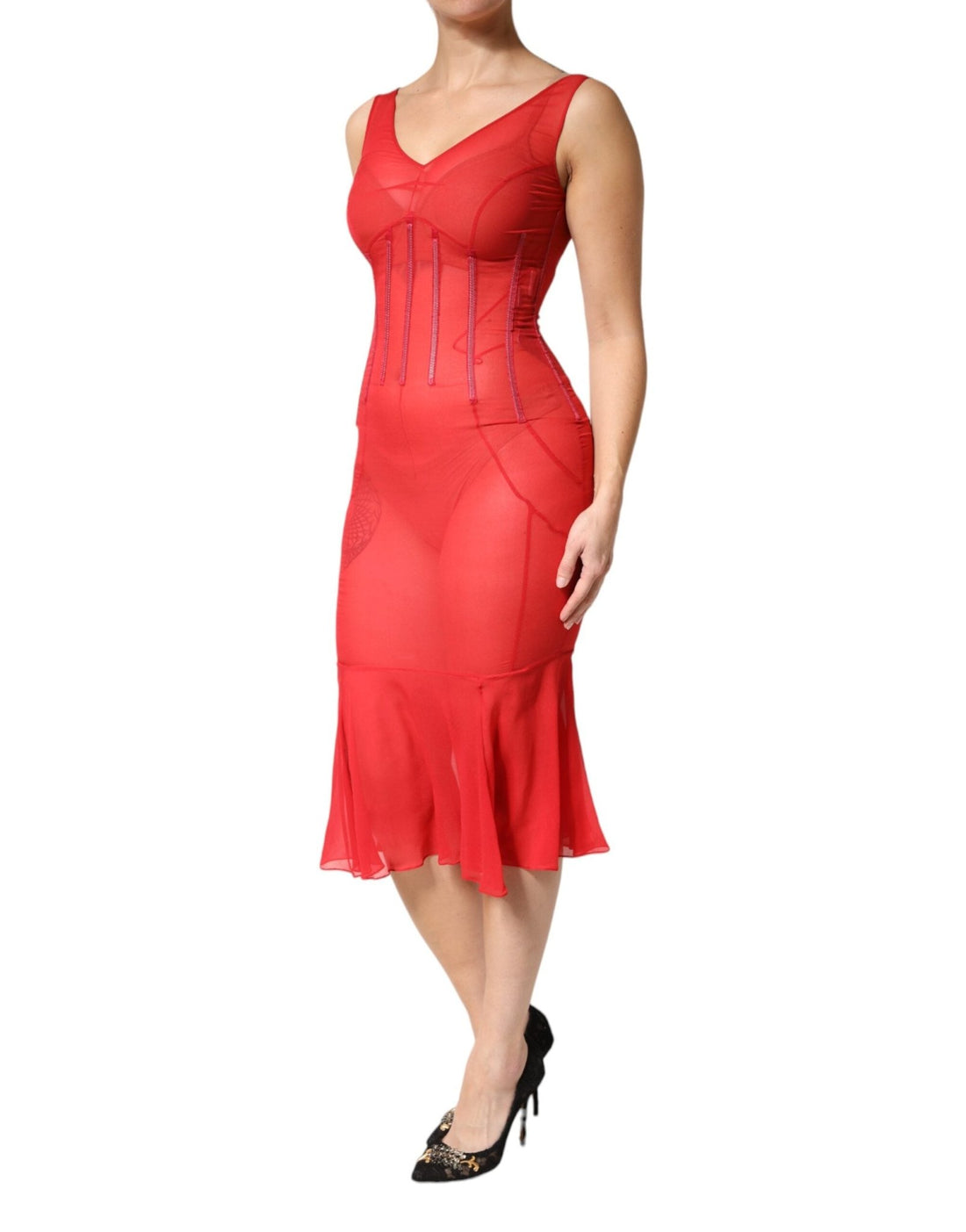 Dolce & Gabbana Red Silk Sleeveless Sheath V-neck Midi Dress - RIMODA
