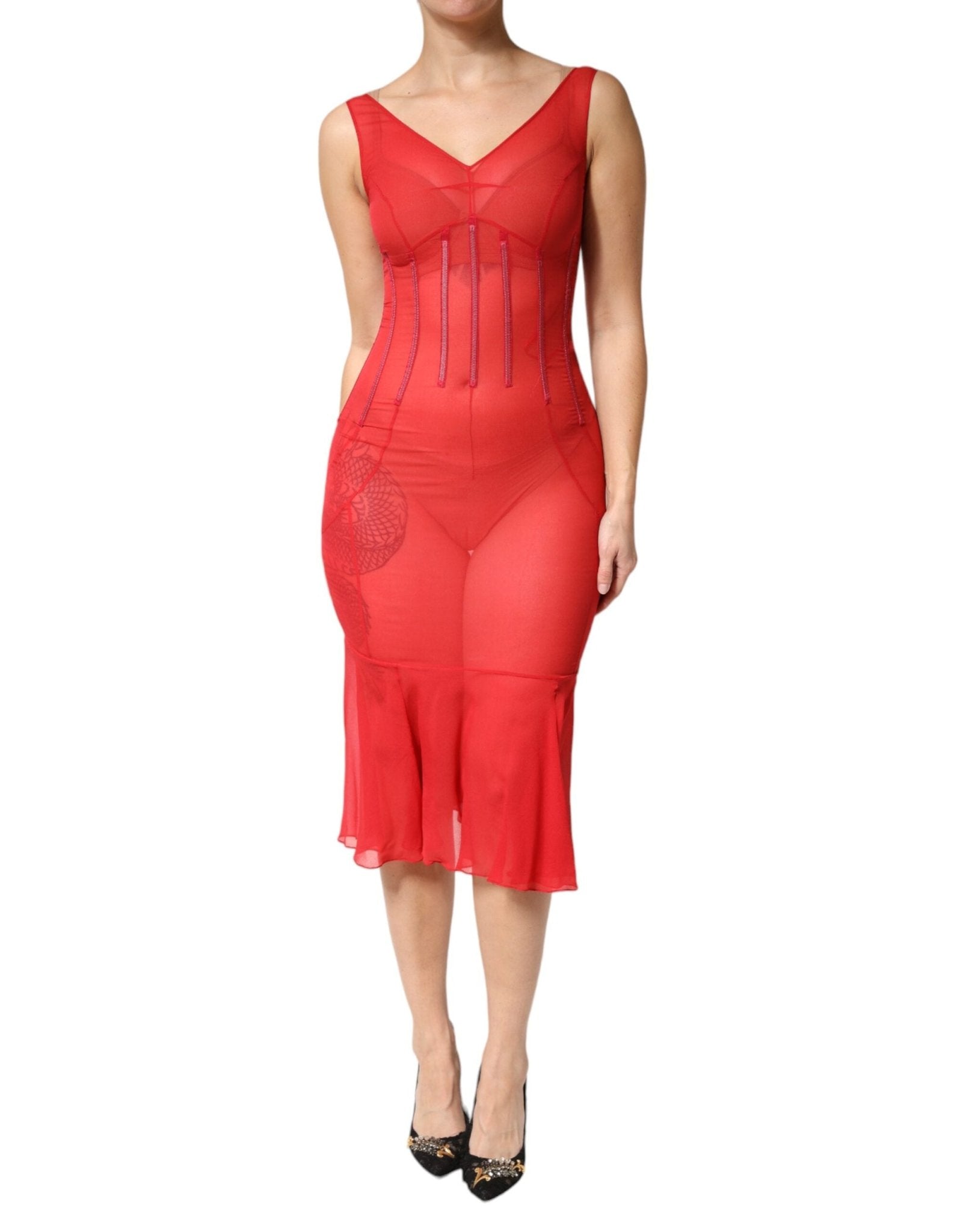 Dolce & Gabbana Red Silk Sleeveless Sheath V-neck Midi Dress - RIMODA
