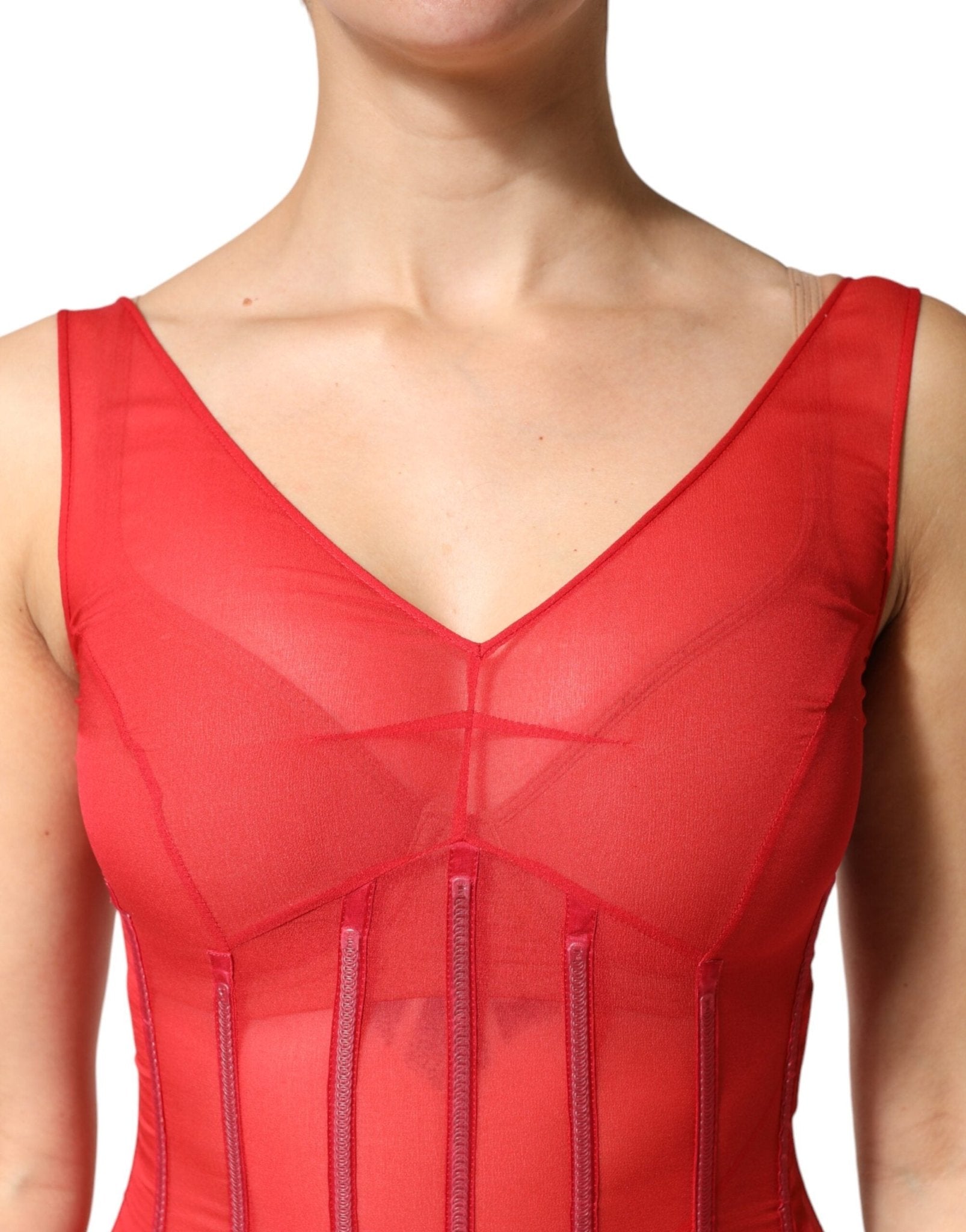 Dolce & Gabbana Red Silk Sleeveless Sheath V-neck Midi Dress - RIMODA