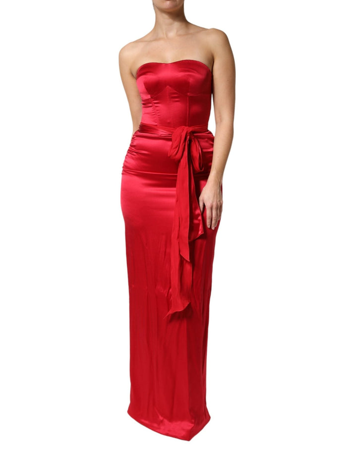 Dolce & Gabbana Red Silk Strapless Sheath Long Gown Dress - RIMODA