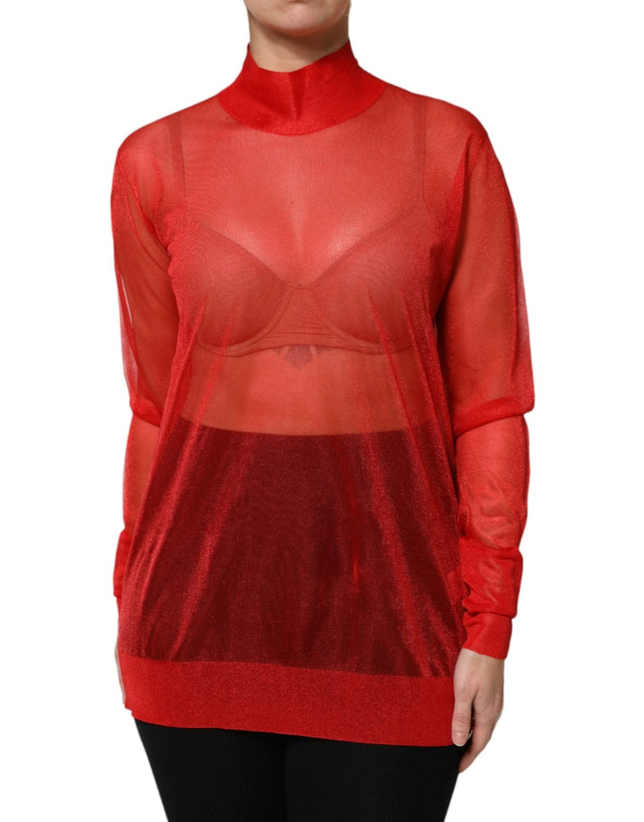 Dolce & Gabbana Red Tulle Turtleneck Long Sleeve Blouse Top - RIMODA