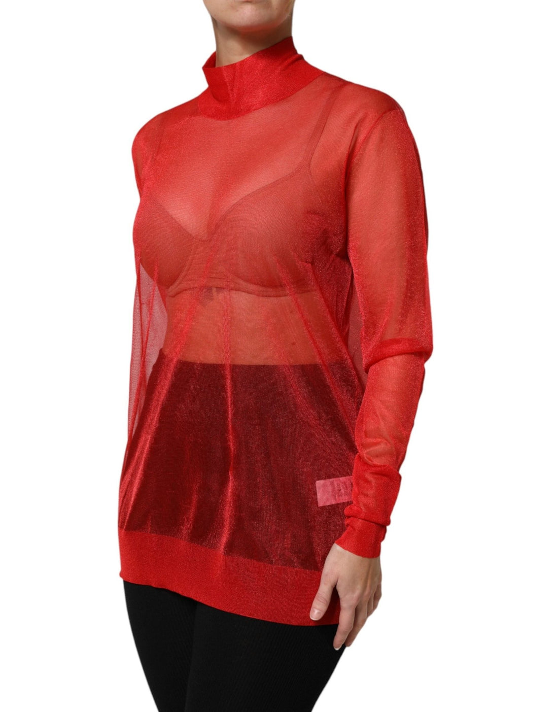 Dolce & Gabbana Red Tulle Turtleneck Long Sleeve Blouse Top - RIMODA