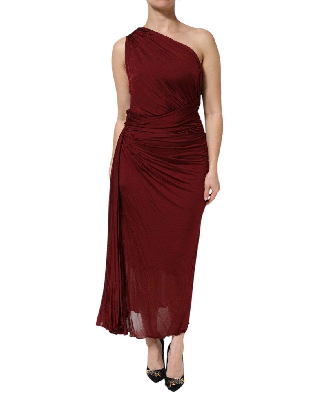 Dolce & Gabbana Red Viscose Fitted One Shoulder Midi Dress - RIMODA