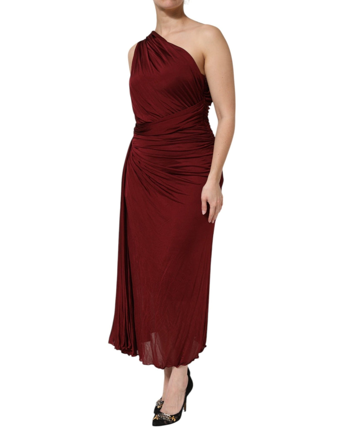 Dolce & Gabbana Red Viscose Fitted One Shoulder Midi Dress - RIMODA