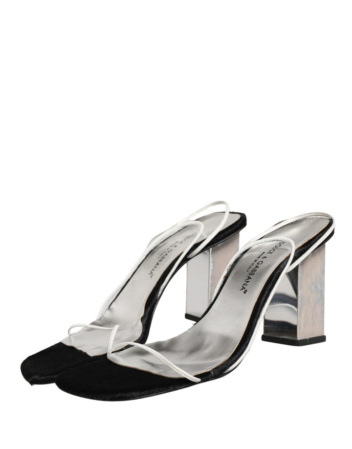 Dolce & Gabbana Silver Black Leather Block Heels Sandals Shoes - RIMODA