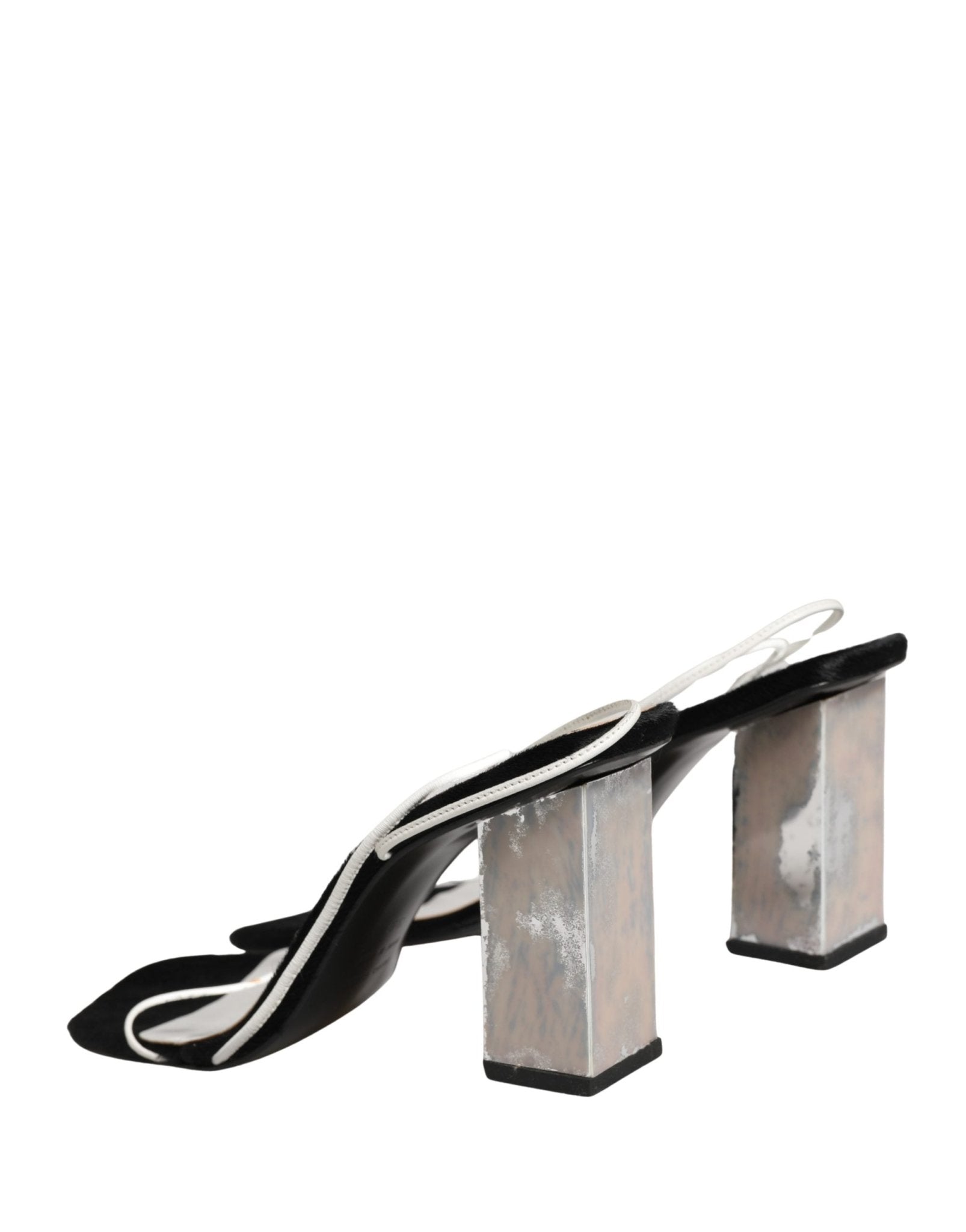 Dolce & Gabbana Silver Black Leather Block Heels Sandals Shoes - RIMODA