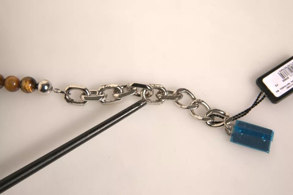 Dolce & Gabbana Silver Brass Chain Beaded Logo Plaque Keychain Keyring - RIMODA