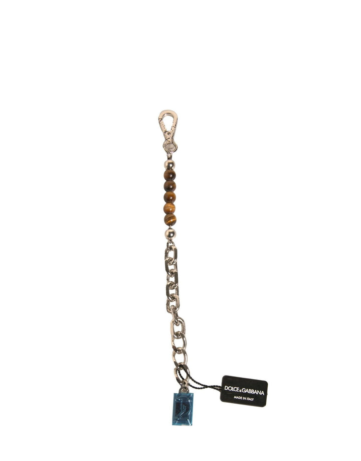 Dolce & Gabbana Silver Brass Chain Beaded Logo Plaque Keychain Keyring - RIMODA