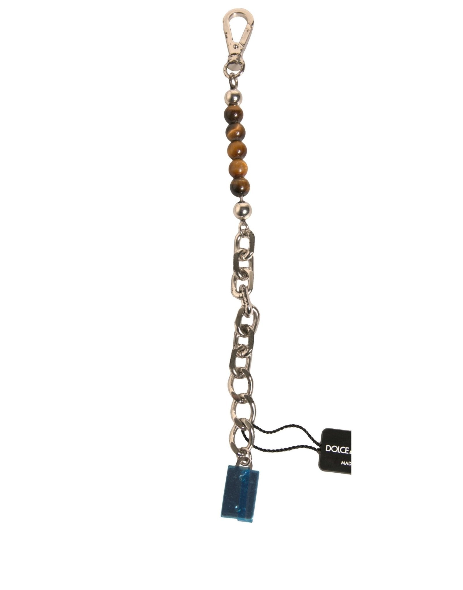 Dolce & Gabbana Silver Brass Chain Beaded Logo Plaque Keychain Keyring - RIMODA