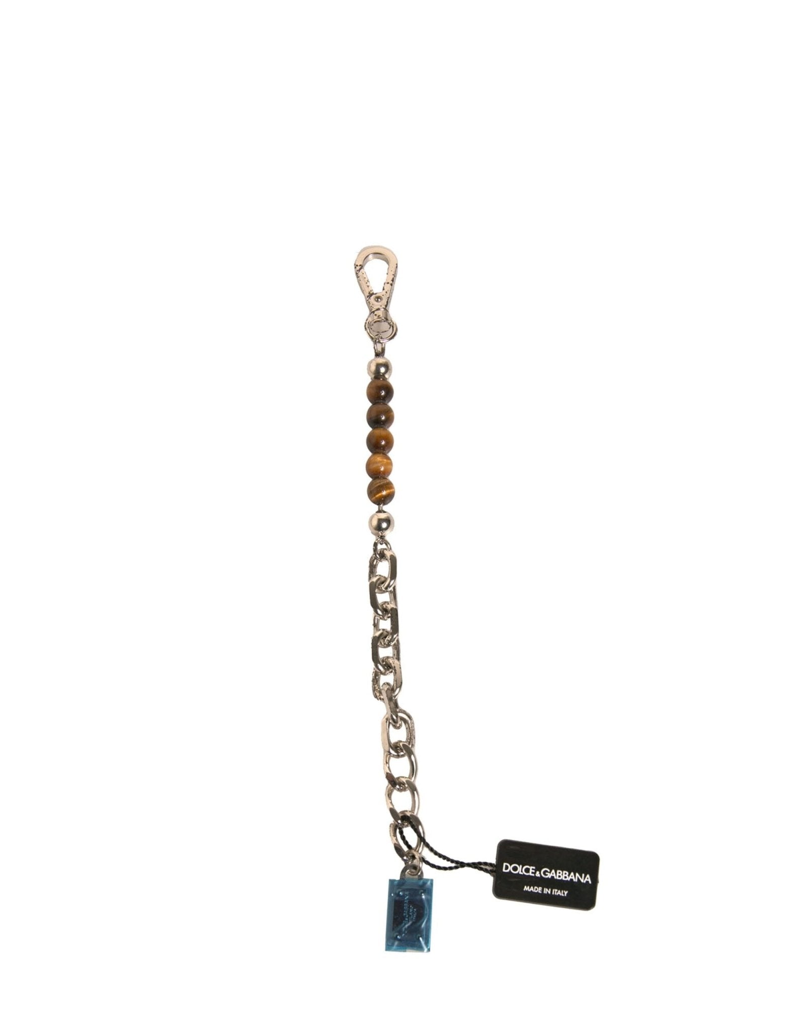 Dolce & Gabbana Silver Brass Chain Beaded Logo Plaque Keychain Keyring - RIMODA
