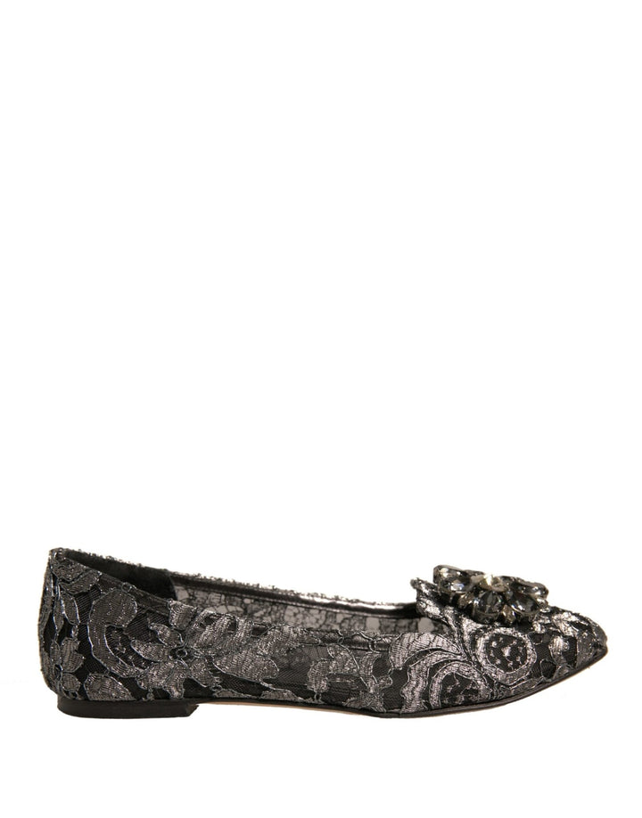 Dolce & Gabbana Silver Crystal Loafer Lace Ballet Flats Shoes - RIMODA
