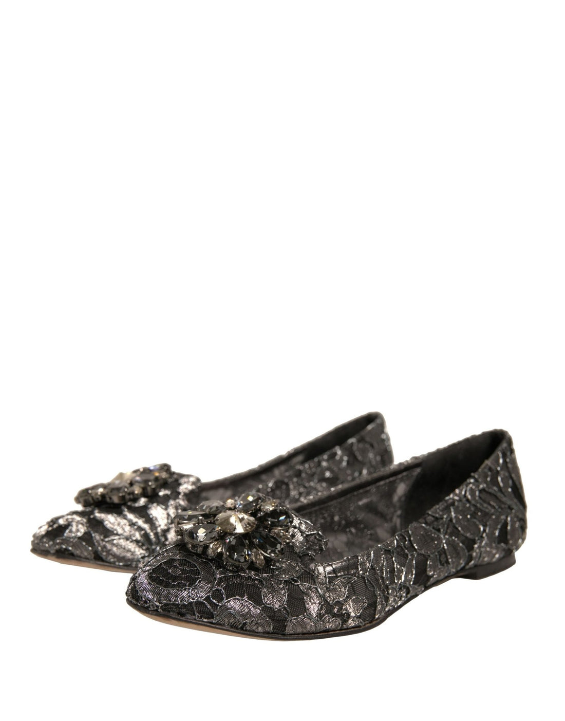 Dolce & Gabbana Silver Crystal Loafer Lace Ballet Flats Shoes - RIMODA