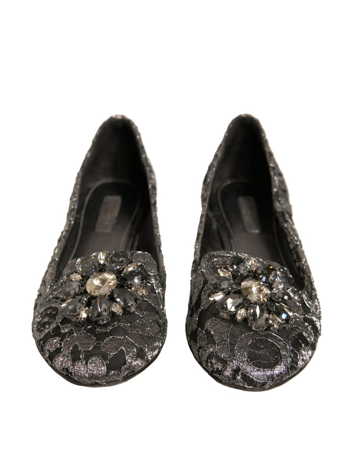 Dolce & Gabbana Silver Crystal Loafer Lace Ballet Flats Shoes - RIMODA