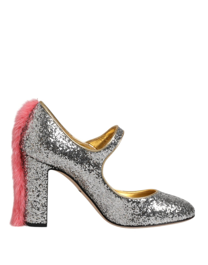 Dolce & Gabbana Silver Glitter Mink Fur VALLY Pumps Shoes - RIMODA